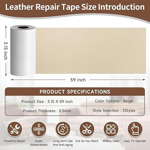 Beige Leather Repair Tape, 3.15" x 59" Heavy Duty Vinyl Repair Patch, Waterproof Self Adhesive Leather Repair Kit for Fixing Holes & Scratches on Couch, Car Seat, Furniture