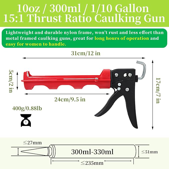 Drip-free Caulking Gun Ratchet Rod Silicone Gun Sealant Dispenser Joint Grouting Gun 15:1 Thrust Ratio Labor-Saving Lightweight Nylon Frame Cartridge Gun for 10oz/300ml Standard Caulk Tubes