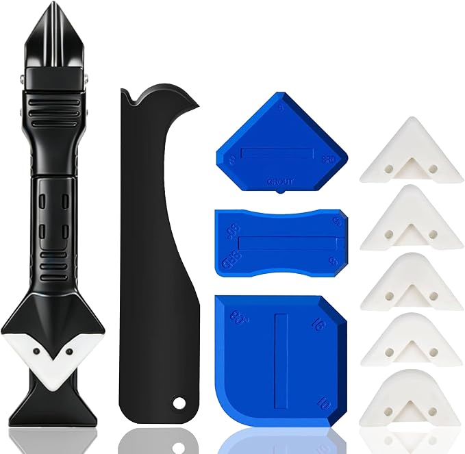 3 in 1 Silicone Caulking Tool Kit, Professional Sealant Finishing Tool with Replaceable Silicone Pads, Caulk Removal Scraper, Easy Grout Filling & Residual Glue Clean for Kitchen Bathroom Window Sink