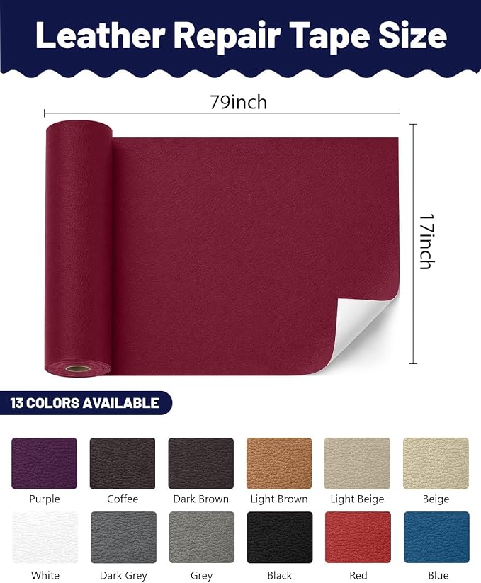 BOUYEER Leather Repair Patch Tape Kit,Self Adhesive Leather Repair for Sofa，Car Seat,Office Chair,Furniture,Jacket,Waterproof Strong Adhesive Vinyl Repair Kit. 17 in x 79 in,Wine red