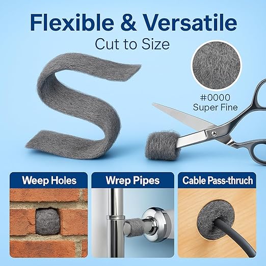 Steel Wool #0000 Grade Pads, 36 Pack – Flexible Cut to Size Wire Wool for Glass Shower Door Hard Water Removal, Chrome & Stainless Steel Polishing, Weep Hole Gap Filler, Mice Control & Rodent Barrier