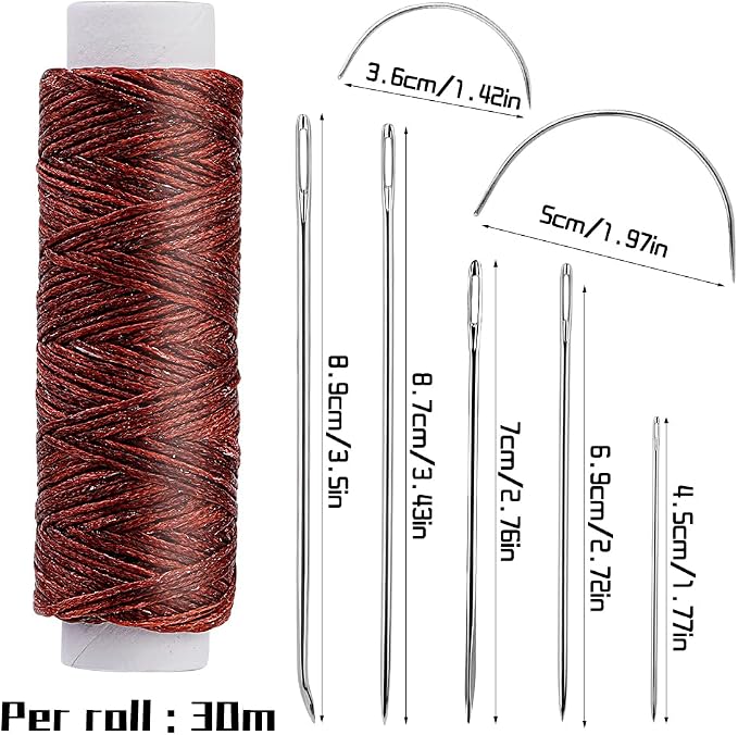 Ftyiwu Waxed Thread, Upholstery Needle and Thread 32 Yards with 7PCS Hand Sewing Needles for Home Upholstery Carpet Canvas Repair Leather Sewing (Red Coffee)
