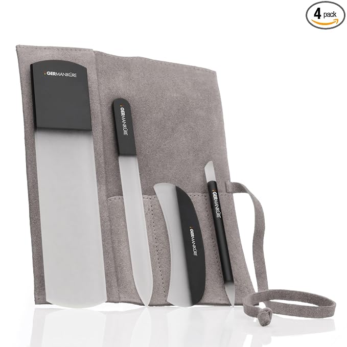 4pcs Manicure Set Genuine Czech Crystal Black Glass Nail File Moon File Manicure Stick Pedicure Foot Care Bar in Beige Suede by GERmanikure