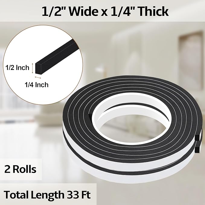1/2 Inch W x 1/4 Inch T EVA Foam Weather Stripping Tape,Self-Adhesive Seal Tape for Doors & Windows-Draft Blocker,Soundproofing,Waterproof Insulation Foam,2 Rolls Total 33FT Black