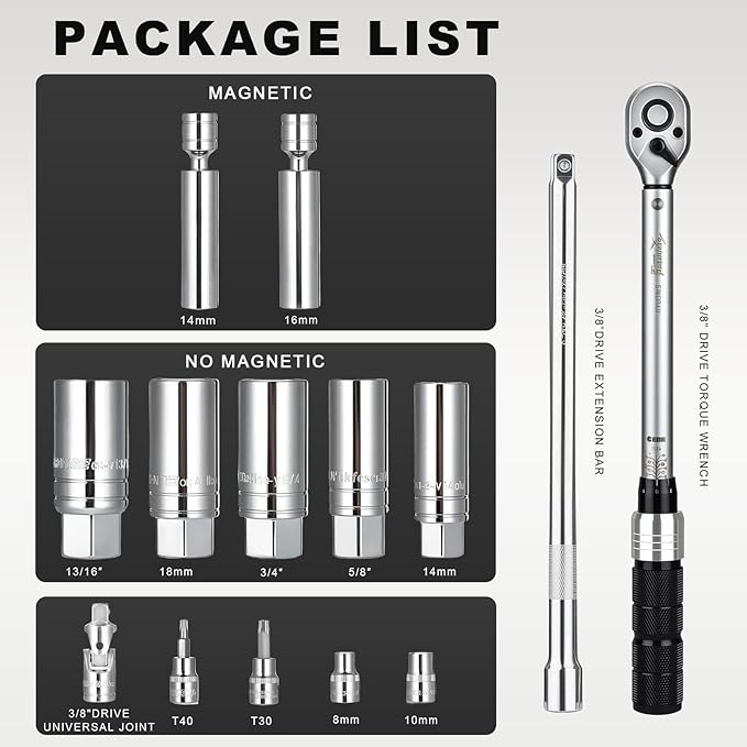 AEROFORCE 14PCS 3/8-Inch Drive Swivel Magnetic Spark Plug Socket Set with 3/8'' Torque Wrench (5-45 Lb.ft/6.8-61.2 Nm), Universal Joint & Extension Bar - Durable CR-V Steel for Easy Spark Plug Removal