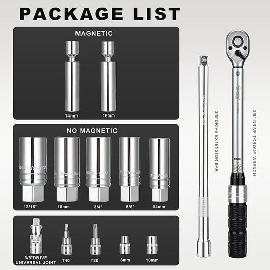 AEROFORCE 14PCS 3/8-Inch Drive Swivel Magnetic Spark Plug Socket Set with 3/8'' Torque Wrench (5-45 Lb.ft/6.8-61.2 Nm), Universal Joint & Extension Bar - Durable CR-V Steel for Easy Spark Plug Removal