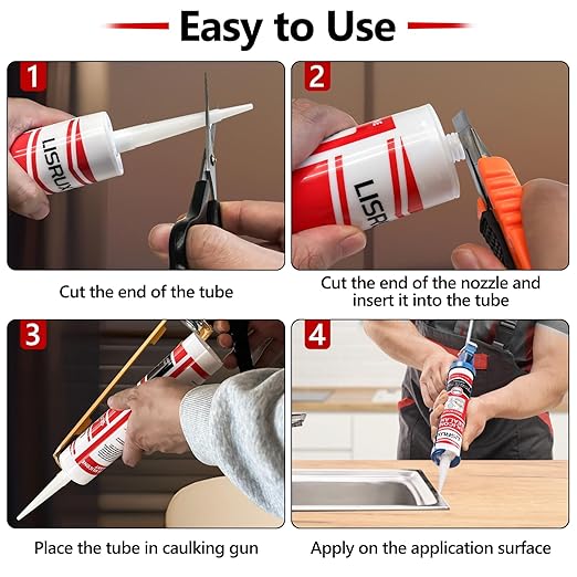 LISRUX Advanced Clear Silicone Caulk for Kitchen & Bathroom,10 fl oz Cartridge,24 Pack,100% Waterproof RTV Silicone Sealant,Stronger Adhesion,Shrink & Crack Proof