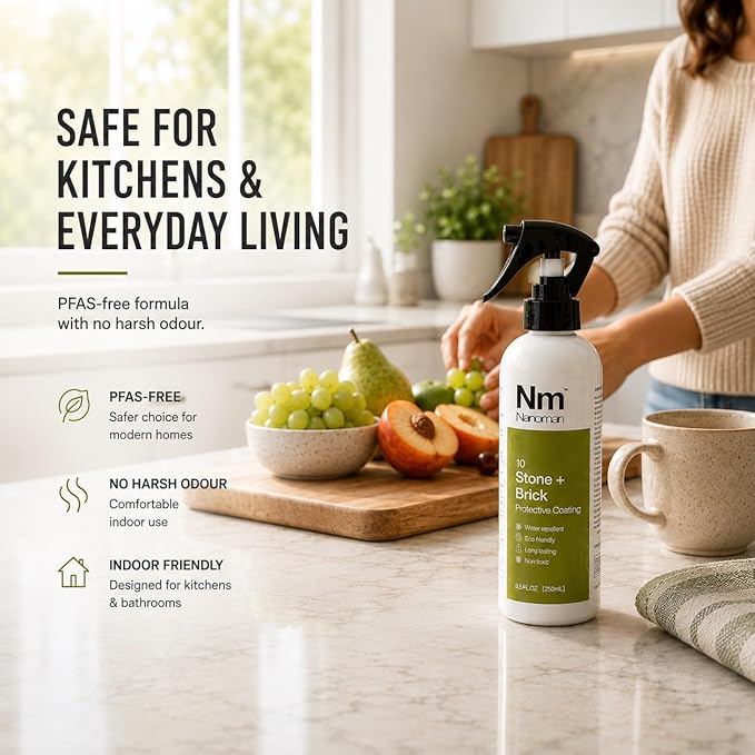 Nanoman Stone and Brick Sealer 8.4 fl oz; Marble Granite Quartz Stone Brick Concrete Grout Sealer and Protectant; Cleaner Sealant Protector & Care Spray for Kitchen and Bathroom Benches and Surfaces