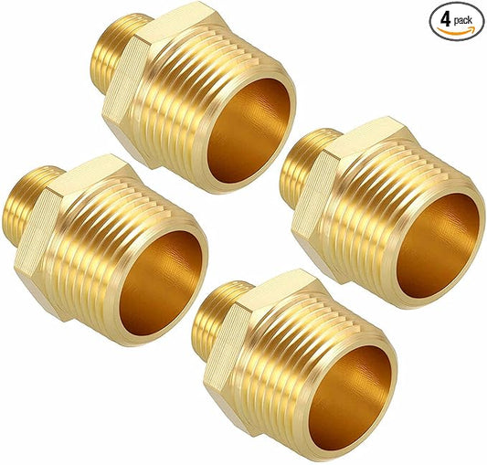 Pack of 4, 3/4" MNPT To 3/8" MNPT Solid Brass Hex Nipple Hose Connectors, Male Pipe Adapter for Pipe Leak Repair, Bathroom Remodeling, Tool Extension, Compression
