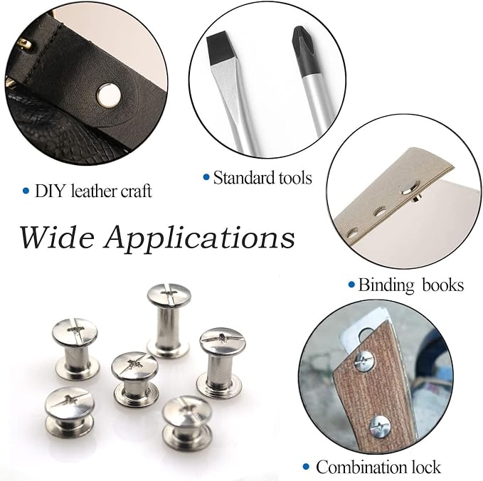 Silver Chicago Screws Leather Kit, 6 Sizes (M5 X 4, 5, 6, 8, 10, 12) | 90 Sets, Screw Rivets, For DIY Leather Craft, For Bookbinding
