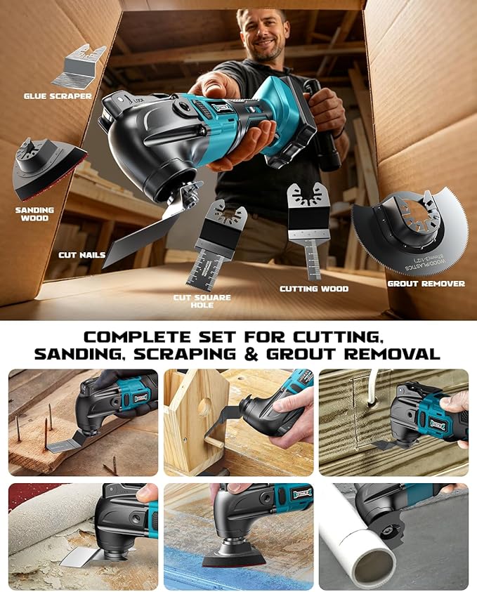 DIYtoolifz Cordless Oscillating Tool Compatible with Makita 18V, 6 Variable Speed Brushless-Motor Tool, Oscillating multi tool kit for Cutting Wood Nails Remove Grout & Sanding, Tool Only