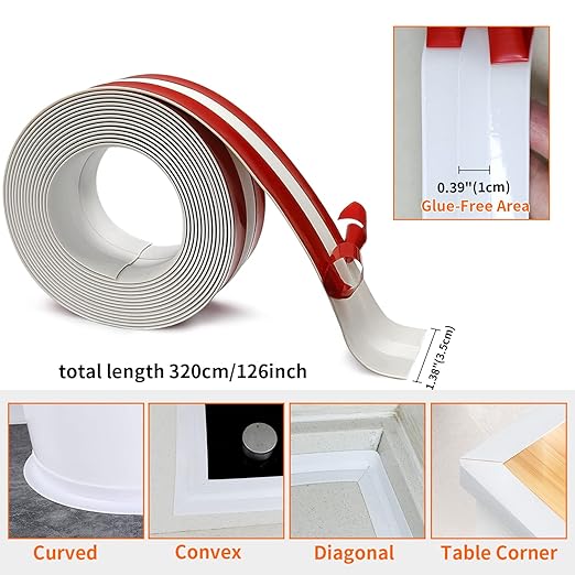 Caulk Tape for Bath and Kitchen, Self Adhesive Caulking Strip for Toilet Base, White Caulk Tape for Bottom of Toilet, Tub Surround, Kitchen Countertop