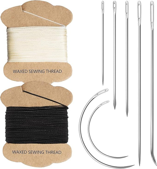 Upholstery Repair Kit: Extra Strong Waxed Sewing Thread 2 Rolls (Black and White) &Heavy Duty Household Hand Needles (7 PCS) for Leather, Canvas, Bookbinding & Quilting Thread
