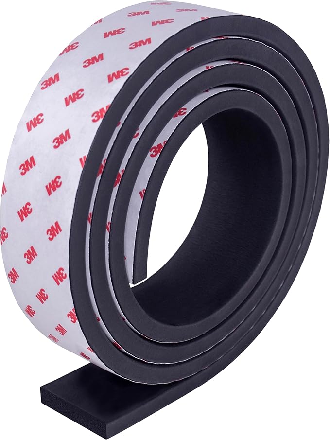 Neoprene Waterproof Rubber Foam 2" (w) x 3/8" (h) x 6 Feet Long Weather Stripping Door Seal Insulation Shock-Absorbing 3M Self-Adhesive Tape for Door Frames, Windows – Black, 1 Continuous Roll