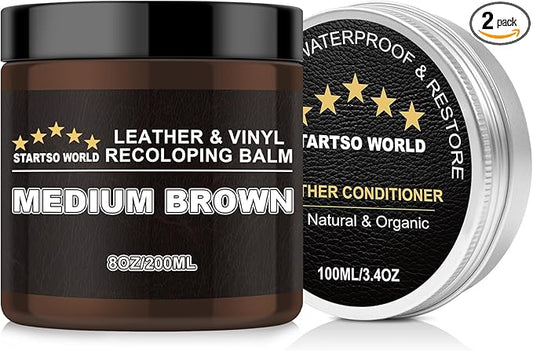 STARTSO WORLD 200Ml Leather Recoloring Balm with 100ML Leather Conditioner, Medium Brown Leather Repair Kit for Furniture, Leather Dye, Leather Scratch Repair, Leather Couch Paint