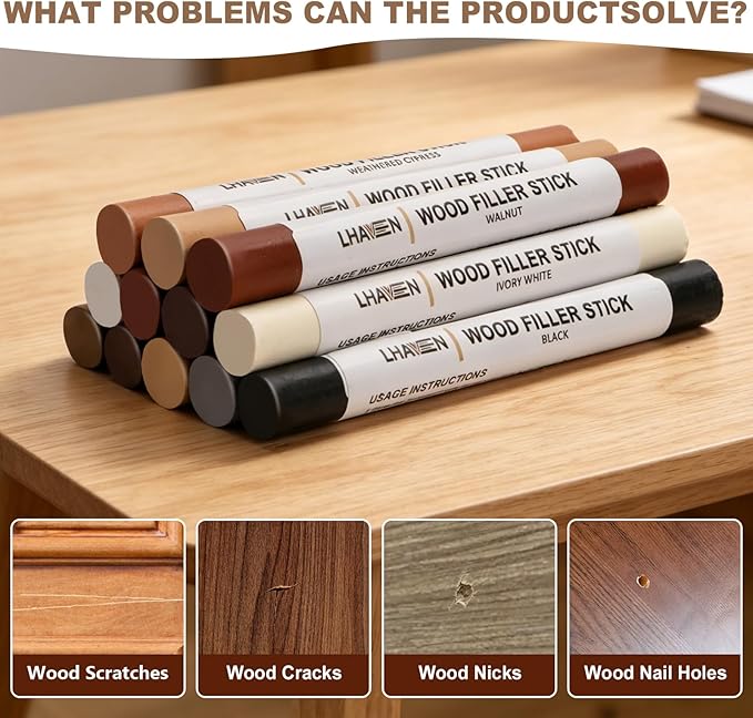Wood Filler Sticks, 12 Colors Wood Repair Crayons for Scratches, Cracks, Nail Holes, Stains - Furniture Touch Up Wax for Floors, Cabinets, Tables, Doors