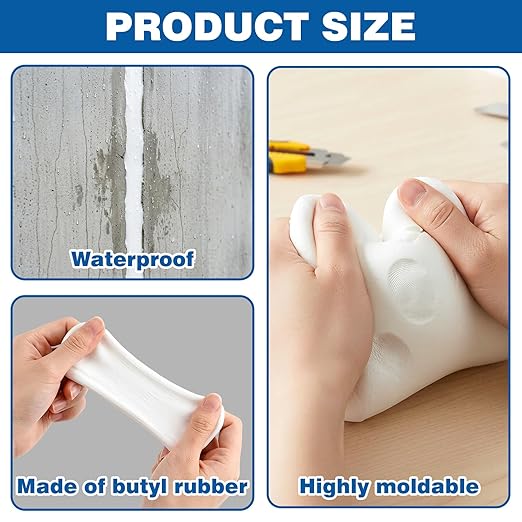 U0U Moldable Silicone Putty,Waterproof Multi Purpose Butyl Seal Putty Tape 66 x 0.6 Inches,Plumbers Duct Seal Putty for Sink Drain Gap Wall Repair (White, 0.6 x 66inch/2pcs)