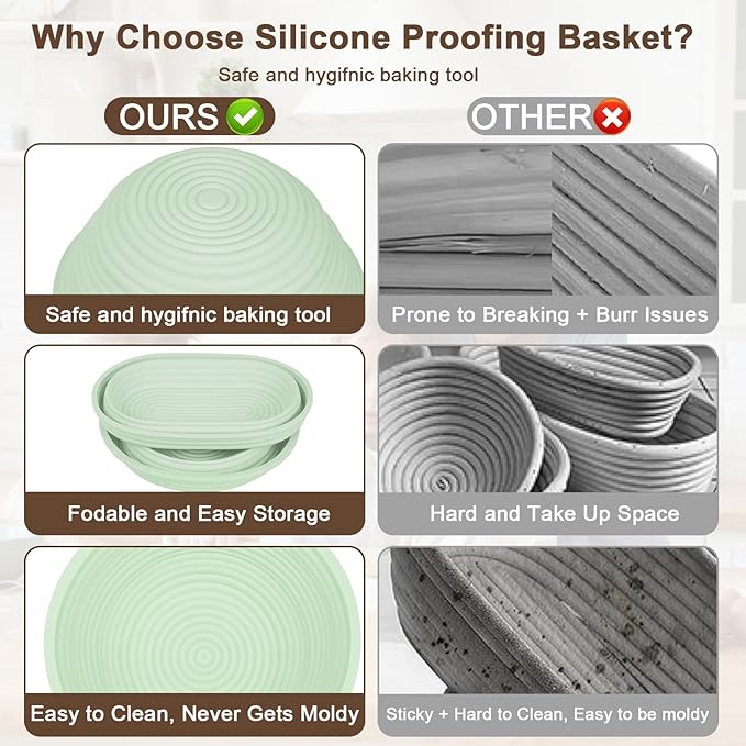 JOCXSPI Premium Foldable Silicone Sourdough Banneton Basket with 2 Lid, 9" Round & 10" Oval Sourdough Bread Proofing Basket, Non-Stick, Oven & Dishwasher Safe