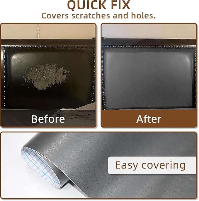 CHEIGHY Leather Repair Kit for Furniture - Advanced PU, Strong Self Adhesive Leather Repair Patch for Couch 17X79 inch Vinyl Repair Tape for Car Seat Upholstery Sofa Office Chair (Grey)
