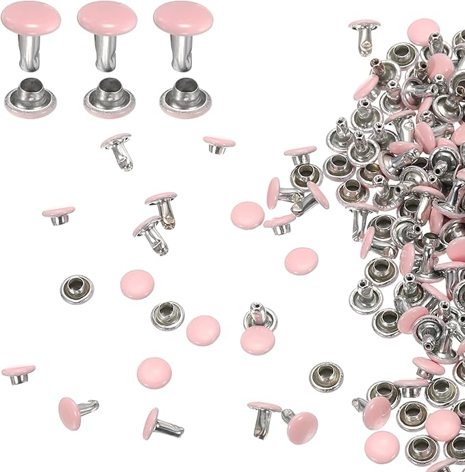 HARFINGTON 100 Sets Double Cap Leather Rivets, 6x6mm Round Cap Tubular Metal Studs Leather Crafting Rivets for Fabric Belt Pet Collar Boot Bag Repair and Decoration, Pink