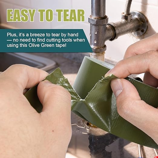 Colored Duct Tape, 2 Rolls Heavy Duty Olive Green Duct Tape 9 Mil x 2 Inch x 25 Yards Flexible, Strong, No Residue, Waterproof and Tear by Hand, Multi-Use for Indoor & Outdoor Repairs