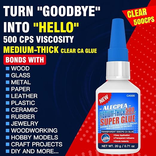 20g Medium-Thick CA Glue (500 CPS), Instant Clear Cyanoacrylate Glue for Wood, Glass, Metal, Paper, Leather, Plastic, Ceramic, Rubber, Jewelry, Woodworking, Hobby Models, and Craft Project