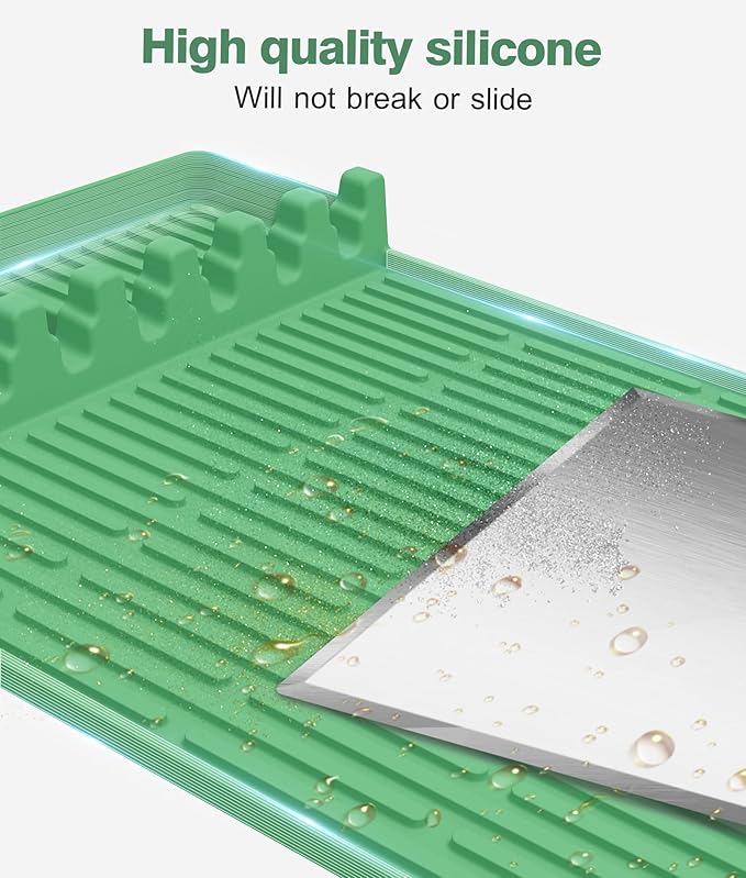 Silicone Grill Mat Compatible with Blackstone, BBQ Griddle Tools Mat with Drip Pad, Large Spatula Holder for Outdoor Kitchen Counter, Gifts for Men (Light Green)