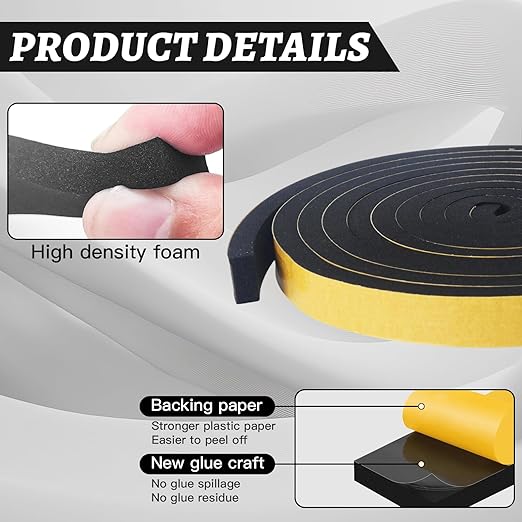 High Density Foam Tape - 1/2'' x 1/4'' x 13Ft Weatherproof Adhesive Prevent Condensation Heat Resistant Flame Retardant Weather Stripping Easy to Cut & Install & Remove for Car Doors Pipes Windows