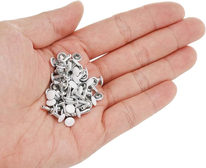 HARFINGTON 100 Sets Double Cap Leather Rivets, 6x8mm Round Cap Tubular Metal Studs Leather Crafting Rivets for Fabric Belt Pet Collar Boot Bag Repair and Decoration, White