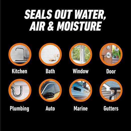 Gorilla 100% Silicone Waterproof Caulk, All‑Purpose Sealant, Mold & Mildew Resistant, Flexible Seal, Clear, 10 oz Cartridge (Pack of 1)