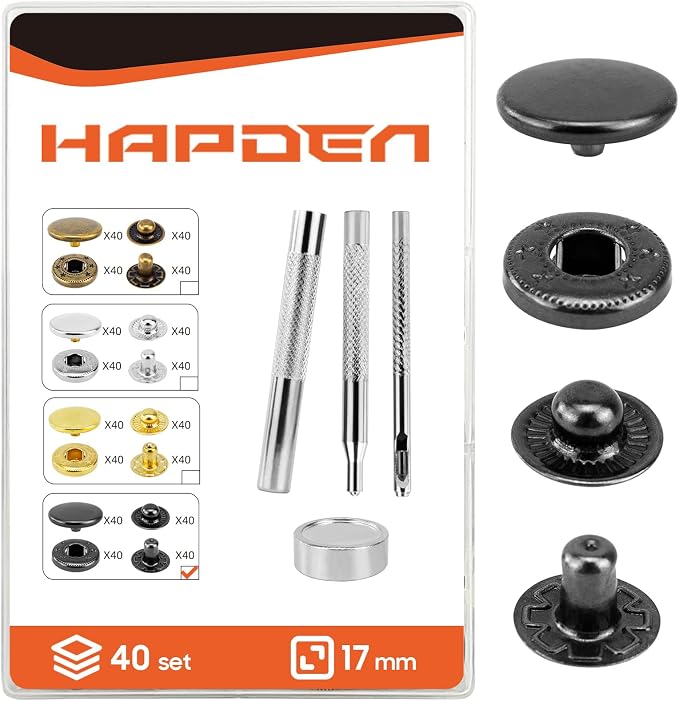 Leather Snaps and Fasteners Kit，17mm 40 Sets Metal Snap Buttons with Setter Tools， Sewing Snaps for Clothing，Fabric，Leather, Clothes, Jackets, Bags, DIY Crafting Black Snaps