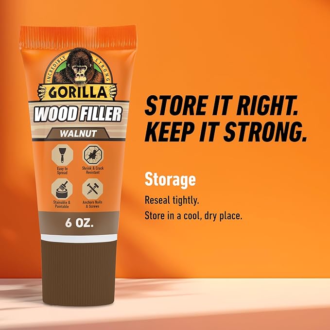 Gorilla All Purpose Wood Filler, Walnut Color, 6 Ounce Tube (Pack of 6) - Water Resistant for Indoor or Outdoor Projects and Repairs