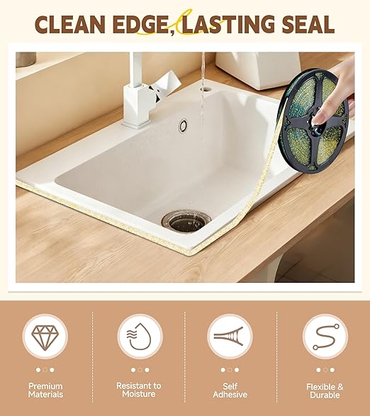 Caulking Tape Self Adhesive, Caulk Tape Sealing Waterproof, Caulk Strip Peel & Stick, for Kitchen Sink, Tub, Toilet, Wall Edge, 1/3" x 20Ft Narrow Gap Tape Wall Trim, Gold
