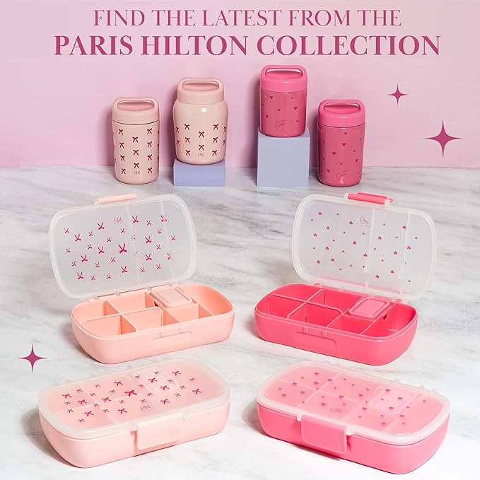Paris Hilton Stainless Steel Food Jar, Double Wall Vacuum Sealed Insulated Food Storage Container with Carry Handle Lid, 24-Ounce, Pink with Heart Design
