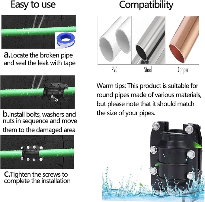 SODOI 1 1/4 inch Water Pipe Repair Clamp,stopped the leak，anti-impact, anti-cracking，Emergency for Plastic PE PVC Metal Steel Iron Pipes (31mm-33mm)
