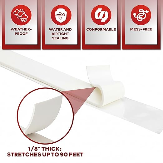 XFasten Butyl Tape White, 1/2 in x 30 ft x 1/8 in – Easy-to-Work-with Automotive Butyl Sealant Tape, Mess-Free Rubber Caulk for RV, EPDM Putty for Window, Headlight, Roof, Windshield, and Car Doors