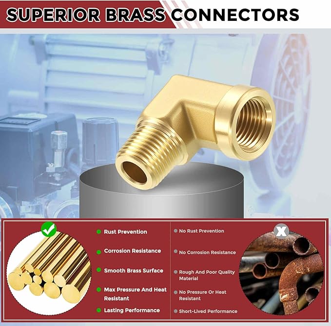 Pack of 2, 90° 1/8" FNPT to 1/8" MNPT Solid Brass Barstock Street Elbow W/Sealing Tape, Forged Pipe Fitting for Pipe Leak Repair, Bathroom Remodeling, Tool Extension, Compression
