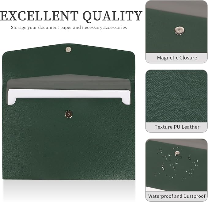 MultiBey A4 Document Holder, PU Leather File Folder, File Organizer Filing Envelope Portfolio Case with Magnetic Snap Button for Home School Office Stationery Green