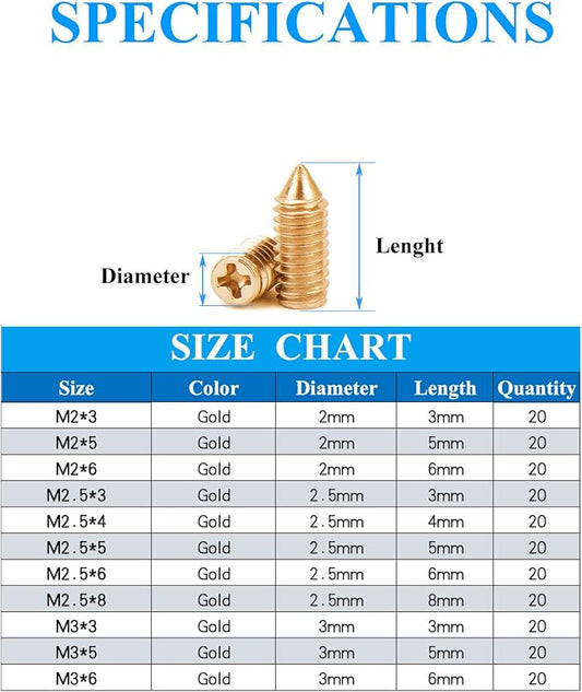 240 pcs Nickel Plated Tip Screws Pointed Cross Slot Leather Accessories 12 Sizes Belt Screws Include M2*3-M2*6, M2.5 * 3-M2.5 * 8, M3*3-M3*8 with 2mm Screwdriver for Belt Buckle Wallet Handbag Gold