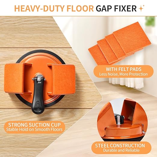 Floor Gap Fixer Tool for Laminate and Vinyl Flooring, Heavy-Duty Steel Floor Gap Repair Tool with Strong Suction Cup, Dual 45° Striking Surfaces, Gap Cleaning Blade, 5 Sticky Pads and 4 Felt Pad
