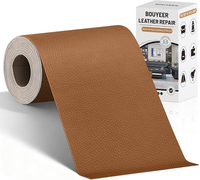 BOUYEER Leather Repair Patch Tape Kit,Self Adhesive Leather Repair for Sofa，Car Seat,Office Chair,Furniture,Jacket,Waterproof Strong Adhesive Vinyl Repair Kit. 4 in x 79 in,Light Brown