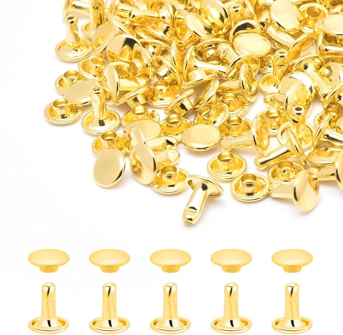 200Sets 8mm Round Double Caps Leather Rivets Metal Tubular Studs for Bags Hats Shoes Clothing Leather DIY Craft Repair and Decoration (Gold)