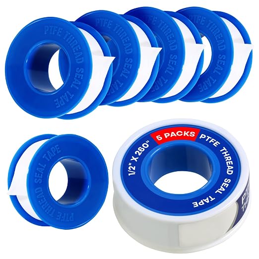 Supply Giant Plumbers PTFE Tape 1/2" W x 260" L 5 Rolls Pipe Thread Tape, High Density Thread Sealant Tape Water Seal Plumbing Tape for Shower Head, Pipes, Gas Lines, Leak Prevention