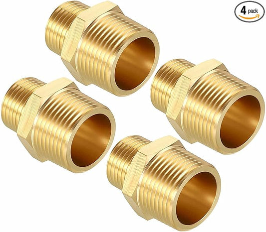 Pack of 4, 3/4" MNPT To 1/2" MNPT Solid Brass Hex Nipple Hose Connectors, Male Pipe Adapter for Pipe Leak Repair, Bathroom Remodeling, Tool Extension, Compression