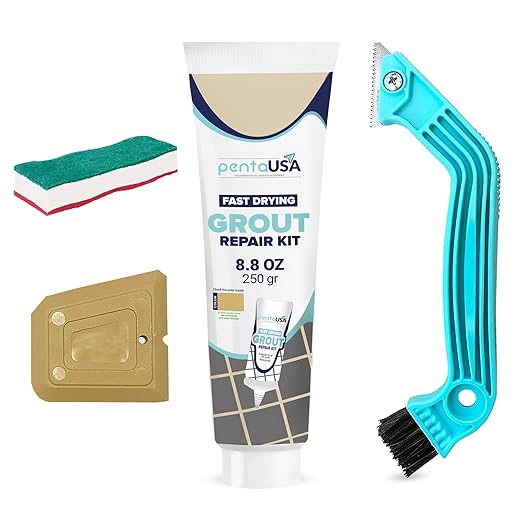 PentaUSA Tile Grout Repair Kit with Removal Tool - Premixed Acrylic Sanded Grout Filler for Bathroom, Shower, and Kitchen, Includes Applicator Spatula, and Sponge Warm Beige (8.8oz / 250g)