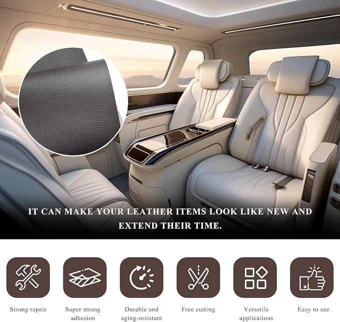 2 PCS Leather Repair Patch Tape, 4 x 8 Inch Waterproof PU Leather Repair Tape for Car Seat, Self-Adhesive Patch Kit for Repairing Couch Chairs Furniture, Car Accessories (Gray)