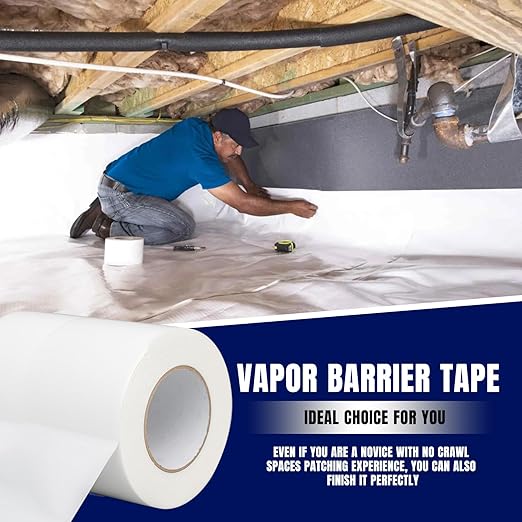 Vapor Barrier Tape, 6" Wide x 180' Long 4Roll, Polyethylene Tape, for Moisture Barriers and Crawl Spaces, Waterproof Seal and Seam Tape for Underlayment, Insulation and Plastic Liners