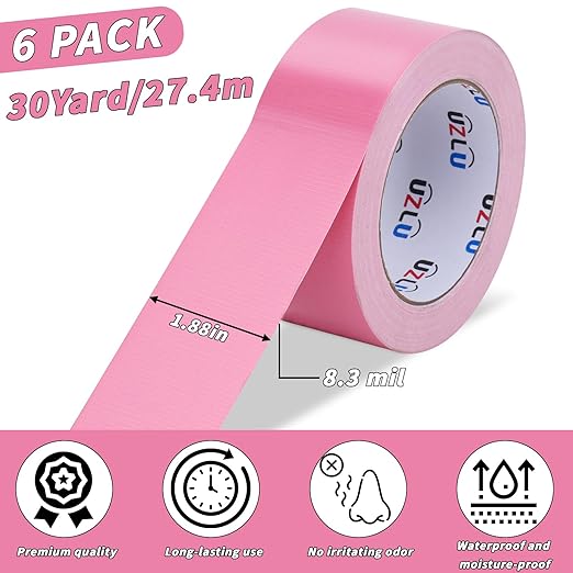 6 Pack Pink Duct Tape Bulk Heavy Duty,1.88 Inches x 30 Yards,Strong Industrial Strength,Flexible,No Residue,Waterproof and Tear by Hand,Multi-Use for Indoor & Outdoor Repairs