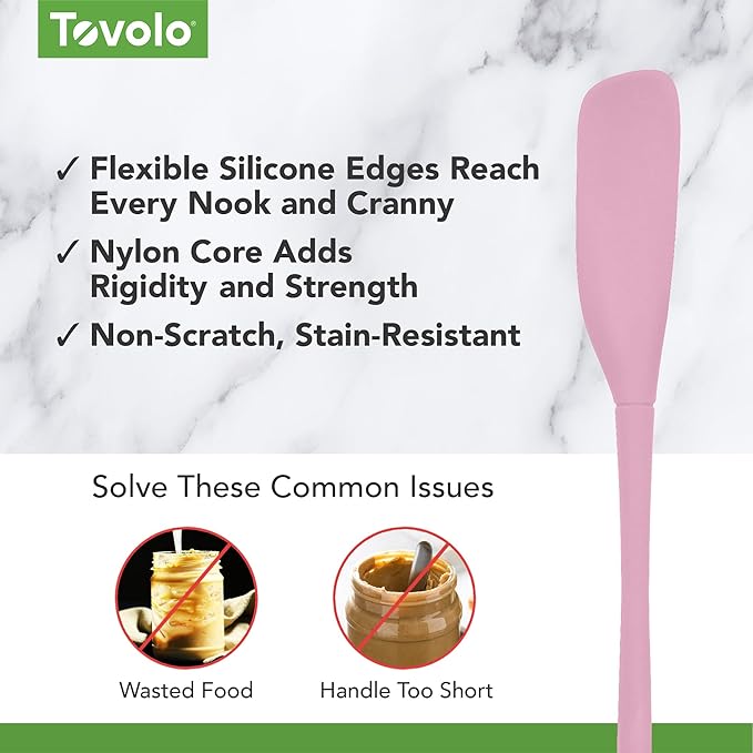 Tovolo Silicone Jar Spatula Long Handled Rubber Scraping Scooping Tool for Peanut Butter Jam Jelly Jars Blenders, Extra Long Flex Core Silicone Jar Scraper Dishwasher Safe BPA Free, Pink Sorbet