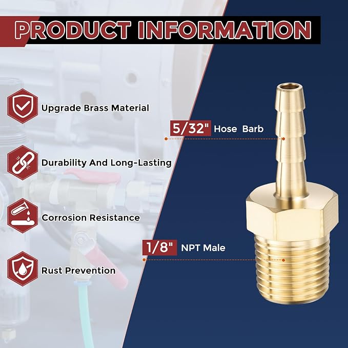 Pack of 4 Brass Hose Barb Fittings Adapter Connector 5/32" Hose Barb to 1/8" NPT Male Fittings for Home Machines, Massage Bathtubs, and Irrigation Systems